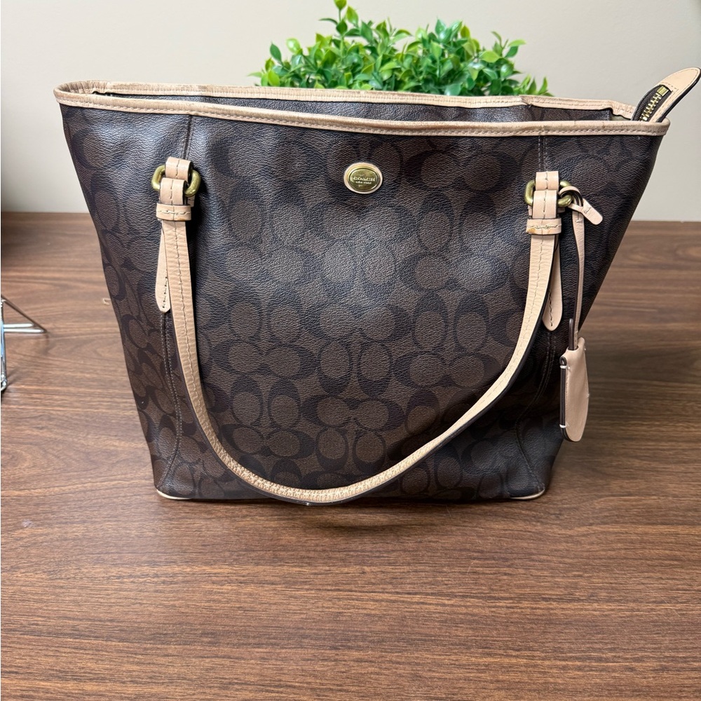 Coach Dark Brown and Tan Peyton Signature Tote